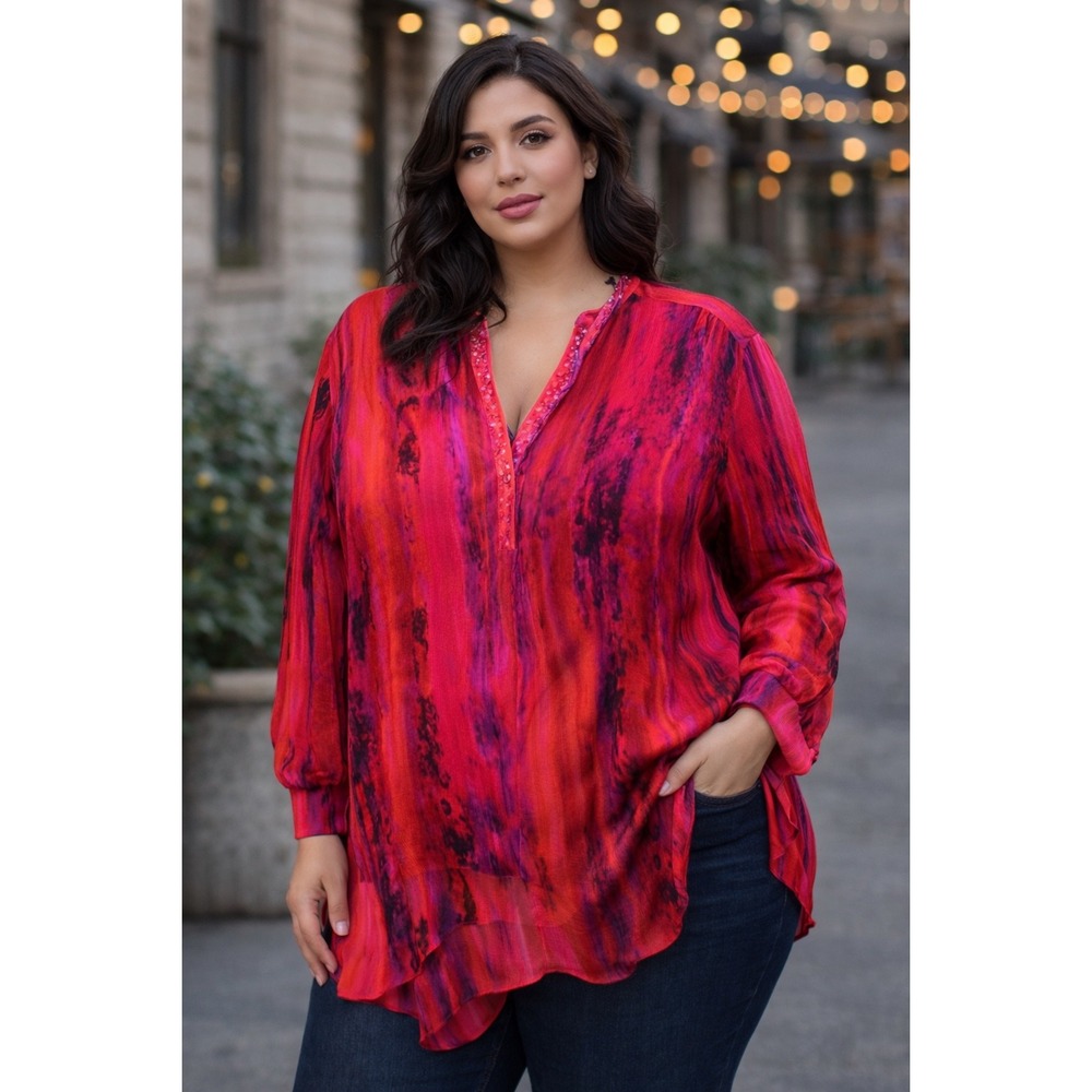 Catherines Sheer Tunic‎ Blouse 2X Pink Orange Abstract Boho Feminine Oversized
